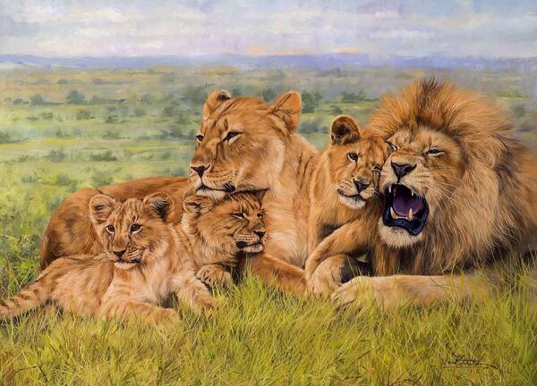 Lion Art Print featuring the painting Lion Family by David Stribbling