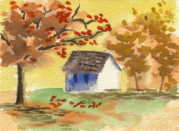 Cottage In Autumn Art Print featuring the painting Little Cottage in Autumn by Beverly Claire Kaiya