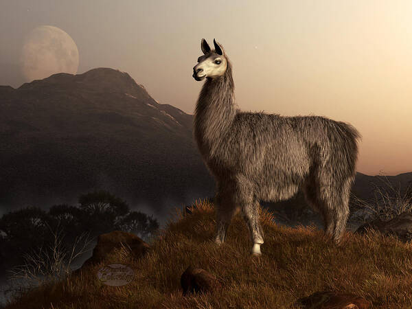 Llama Art Print featuring the digital art Llama Dawn by Daniel Eskridge