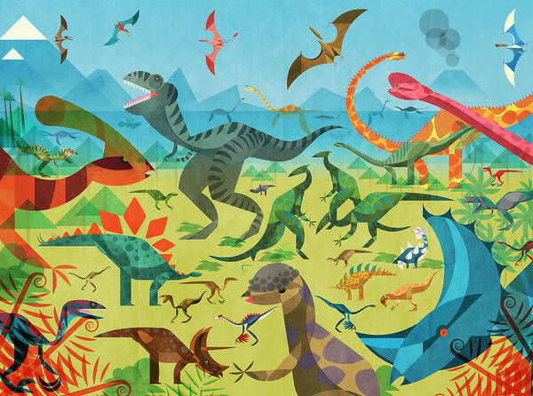 Abundance Art Print featuring the photograph Lots Of Different Dinosaurs In Colorful by Ikon Ikon Images