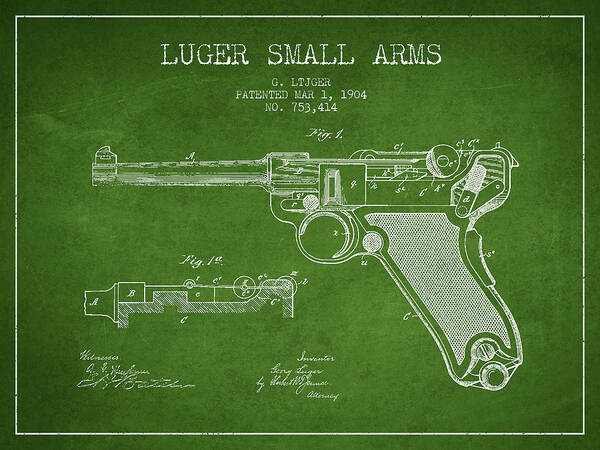 Revolver Art Print featuring the digital art Lugar Small Arms Patent Drawing from 1904 - Green by Aged Pixel