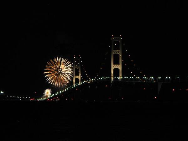 Fireworks Art Print featuring the photograph Mackinac Bridge 50th Anniversary Fireworks by Keith Stokes