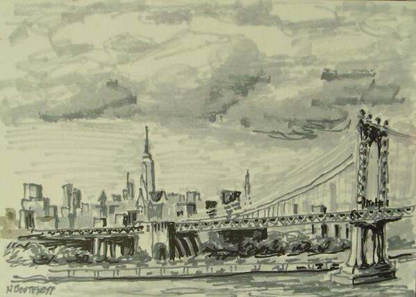 Cityscape Art Print featuring the drawing Manhattan Bridge by Nicolas Bouteneff