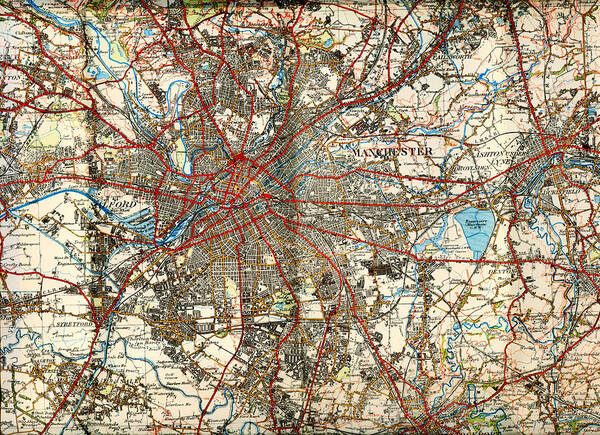 Map Art Print featuring the drawing Map of Manchester UK 1924 by Mountain Dreams