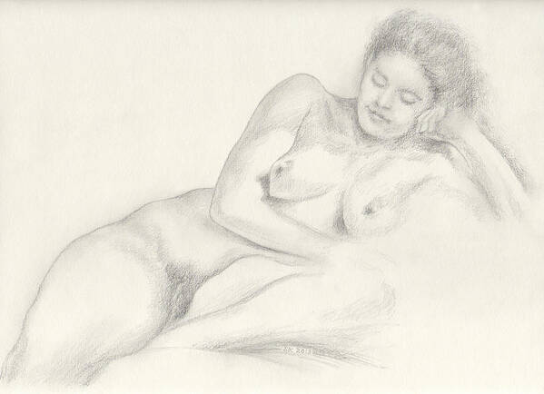 Female Nude Art Print featuring the drawing Martina Lounging on Her Left Side Her Head Propped Upon Her Left Hand by Scott Kirkman