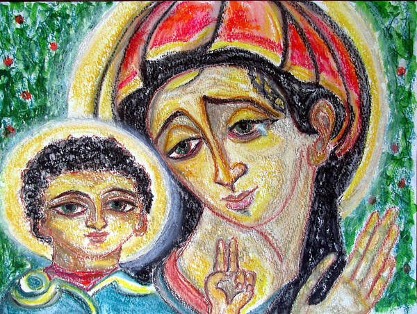 Kiko Arguello Design Art Print featuring the painting Mary and Jesus of green eyes by Sarah Hornsby