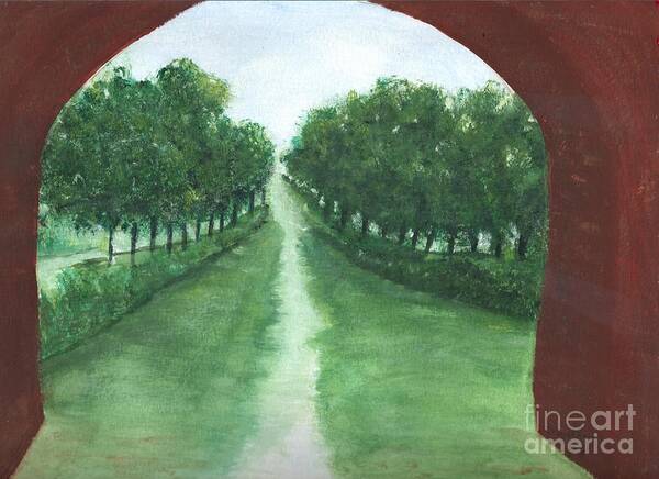 Scenery Landscape Midi Canal Southern France River On The Canal; Landmark; Cities; Trees Art Print featuring the painting Midi Canal by Myrtle Joy