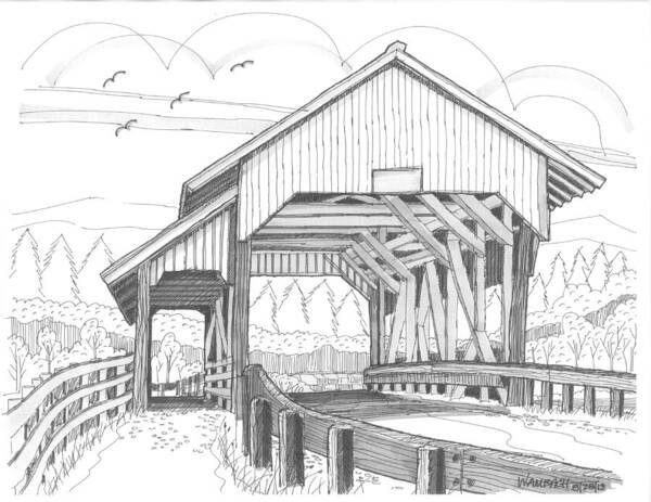 Miller's Run Covered Bridge Art Print featuring the drawing Miller's Run Covered Bridge by Richard Wambach