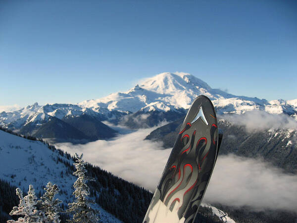 Landscapes Art Print featuring the photograph Mount Rainier Has Skis by Kym Backland