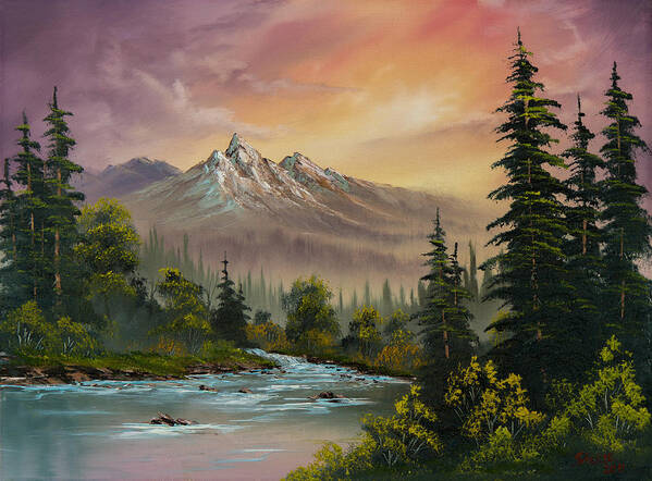 Landscape Art Print featuring the painting Mountain Sunset by Chris Steele