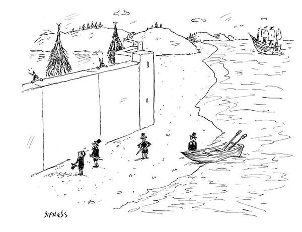 Cartoon Art Print featuring the drawing Native Americans Behind Wall by David Sipress