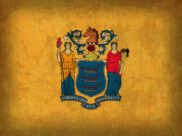 New Jersey State Flag Art On Worn Canvas Hoboken Pasaic Trenton Elizabeth City Patterson Art Print featuring the mixed media New Jersey State Flag Art on Worn Canvas by Design Turnpike