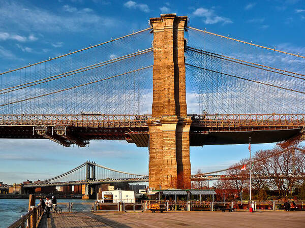 Amazing Brooklyn Bridge Photos Art Print featuring the photograph New York Bridges Lit by Golden Sunset by Mitchell R Grosky