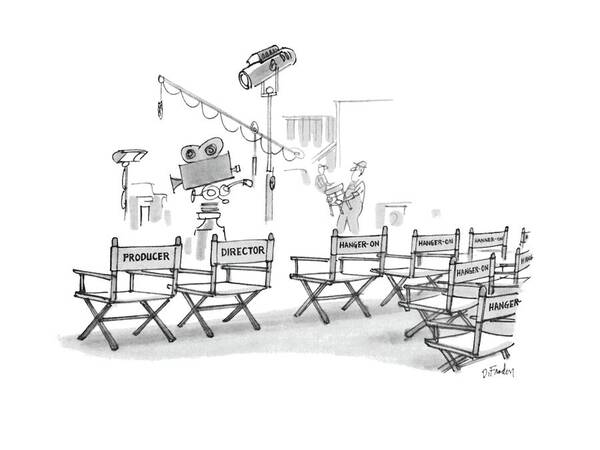 (chair Backs On A Movie Set Reads Art Print featuring the drawing New Yorker August 8th, 1983 by Dana Fradon