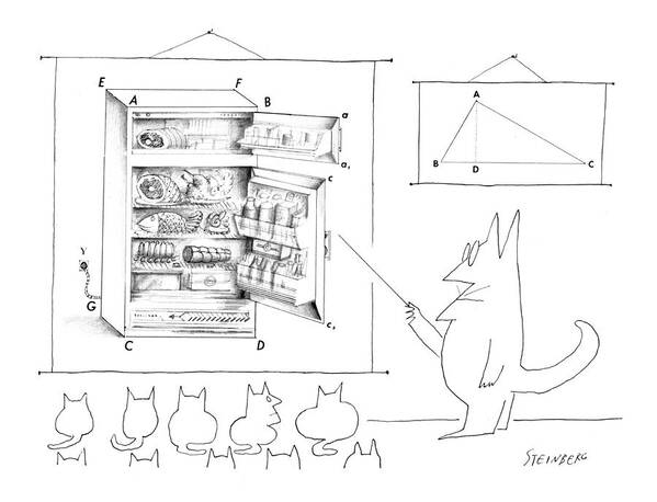 School Schools Elementary Teachers Geometry Class Food Pets Diagrams Study Science 
A Cat Man Points To A Diagram Of A Refrigerator Filled With Food. The Refrigerator Diagram & A Triangle Diagram Hang On The Wall. The Students In The Class Are Cats. Sstoon Saul Steinberg Sst Artkey 66295 Art Print featuring the drawing New Yorker December 19th, 1964 by Saul Steinberg