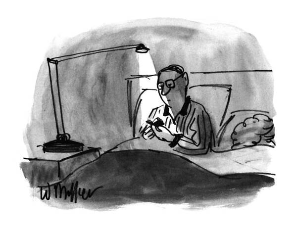 (man Sits Up In His Bed Reading A Very Small Book Underneath A Lamp That Is On A Night Table Next To Him.)
Books Art Print featuring the drawing New Yorker December 23rd, 1996 by Warren Miller