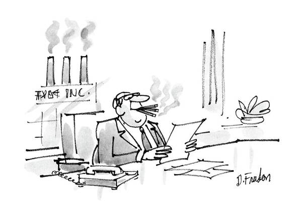 No Caption
Executive Smokes Three Cigars At Once Art Print featuring the drawing New Yorker February 22nd, 1988 by Dana Fradon