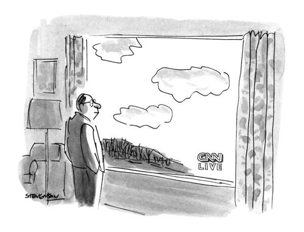 (man Looks Out Picture Window Art Print featuring the drawing New Yorker February 4th, 1991 by James Stevenson
