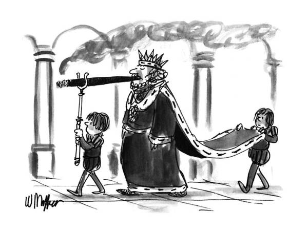 (a King Walks Smoking A Cigar Art Print featuring the drawing New Yorker November 18th, 1996 by Warren Miller
