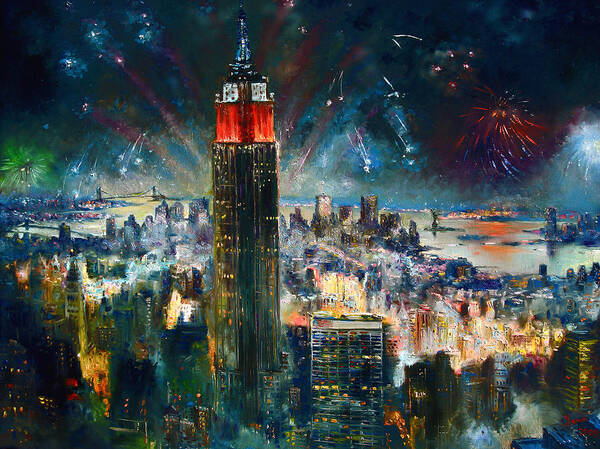 Nyc Art Print featuring the painting NYC in Fourth of July Independence Day by Ylli Haruni