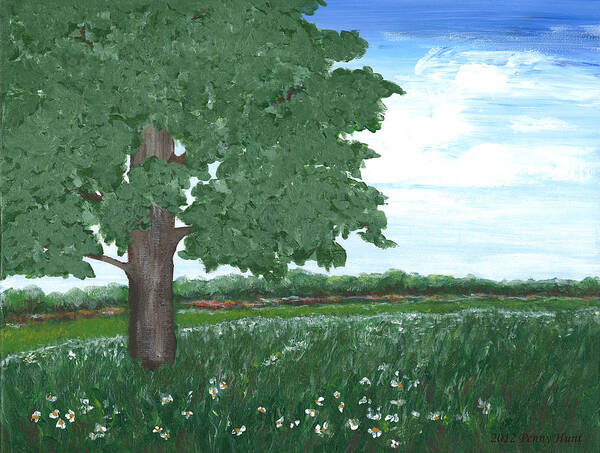 Oak Art Print featuring the painting Oak Tree in Summer Meadow by Penny Hunt