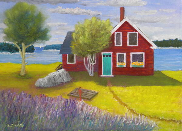 Landscape Seascape Cottage Lupine Deer Isle Ocean Inlet Rocky Coast Well Flowers Art Print featuring the painting Ocean Cottage #1 by Scott W White