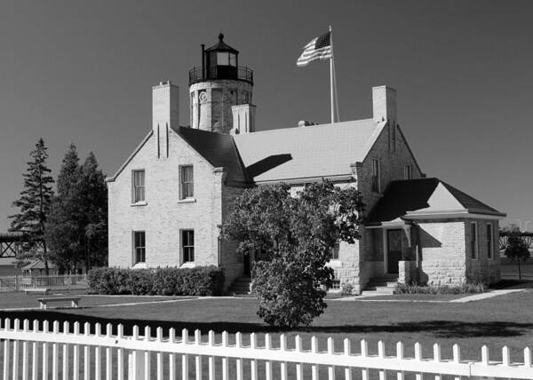 Lighthouse Art Print featuring the photograph Old Mackinac Point Lighthouse BW by Mary Bedy