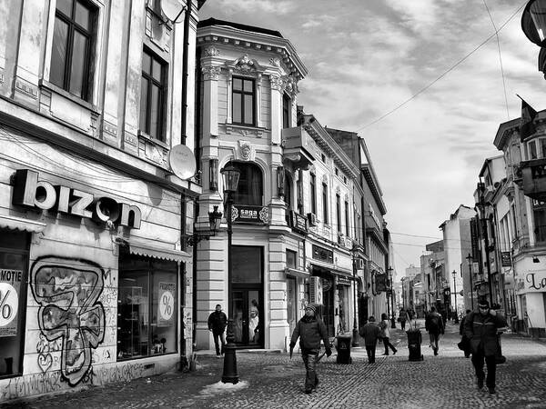 Old Town Bucharest Art Print featuring the photograph Old Town of Bucharest - Romania/ Black and White by Daliana Pacuraru