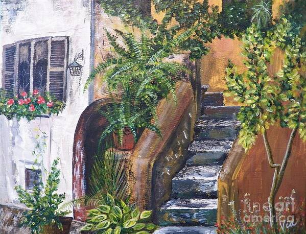 Italian Villa Art Print featuring the painting Painting  Siesta Steps by Judy Via-Wolff
