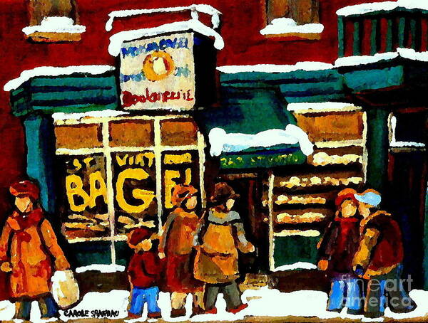 St.viateur Bagel Art Print featuring the painting Paintings Of St Viateur Bagel Bakery Montreal Depanneur Deli Boulangerie Art Cityscene C Spandau by Carole Spandau