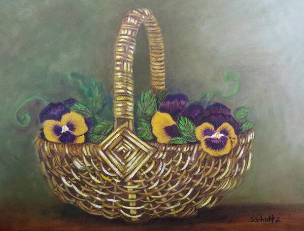 Woven Basket Art Print featuring the painting Pansy Basket Sherry Nelson study by Sharon Schultz