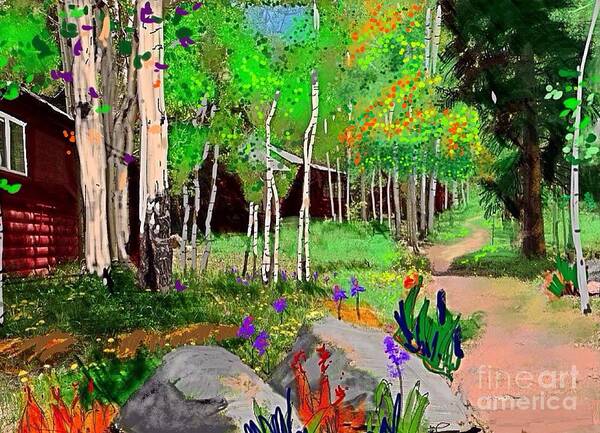 Path Through The Aspen Forest At Mesa Lake In Colorado. Springtime Art Print featuring the painting Path to cabin number 4 by Craig Nelson