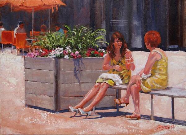 Pretty Girls Art Print featuring the painting Patriot Place Sunning by Laura Lee Zanghetti