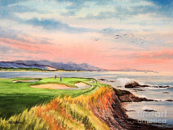 Golf Course Paintings Art Print featuring the painting Pebble Beach Golf Course Hole 7 by Bill Holkham