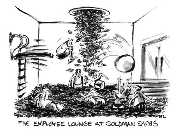 People Dive In Piles Of Cash On The Floor And In The Air Of The Employee Lounge At Goldman Sachs. Money Art Print featuring the drawing People Are Diving In Piles Of Cash On The Floor by Lee Lorenz