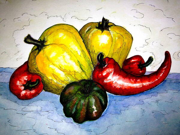 Peppers Of Different Colors And Shapes Art Print featuring the painting Pepper Diversity by Rae Chichilnitsky
