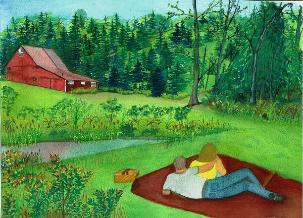 Picnic Art Print featuring the painting Picnic on the Farm by David Bartsch