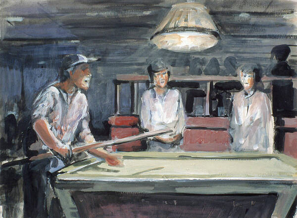 Man With Pool Cue Right Side Of Picture Art Print featuring the painting Pool Player by Emily Gibson