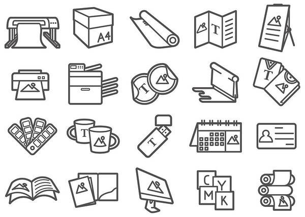 Brochure Cover Art Print featuring the drawing Print Shop Line Icons Set by Supphawat Satichob