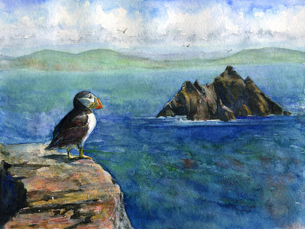 Puffin Art Print featuring the painting Puffin at Skellig Island Ireland by John D Benson