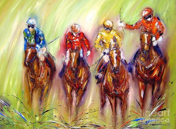 Racehorse Art Print featuring the painting Paintings of animals horses by Mary Cahalan Lee - aka PIXI