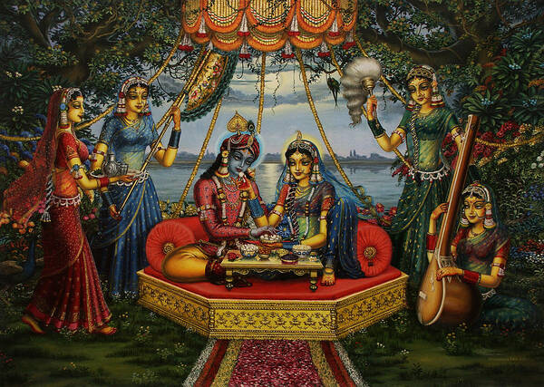 Krishna Art Print featuring the painting Radha Krishna taking meal  by Vrindavan Das