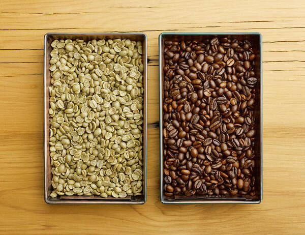Large Group Of Objects Art Print featuring the photograph Raw Vs Roasted Coffee Beans In Trays by Jeffrey Coolidge