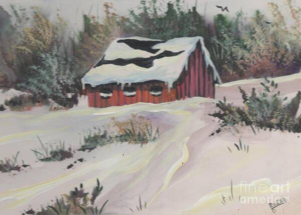 Landscape Art Print featuring the painting Red Cabin in Snow by Joan Clear