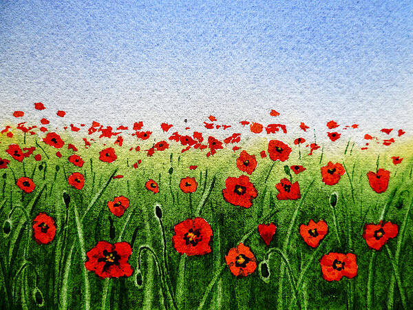 Poppies Art Print featuring the painting Red Poppies Green Field And A Blue Blue Sky by Irina Sztukowski