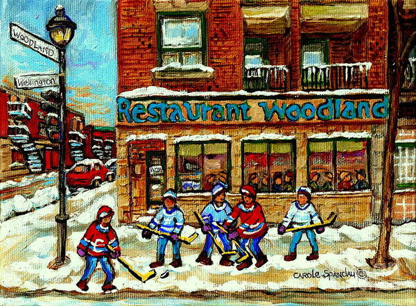 Montreal Art Print featuring the painting Restaurant Woodland Pizza Rue Wellington Verdun Original Hockey Art Montreal Paintings Commissions  by Carole Spandau