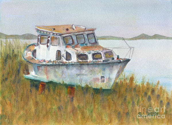 Boats-small Boats - Power Boats-derelict Boats Art Print featuring the painting Retired by Sandy Linden