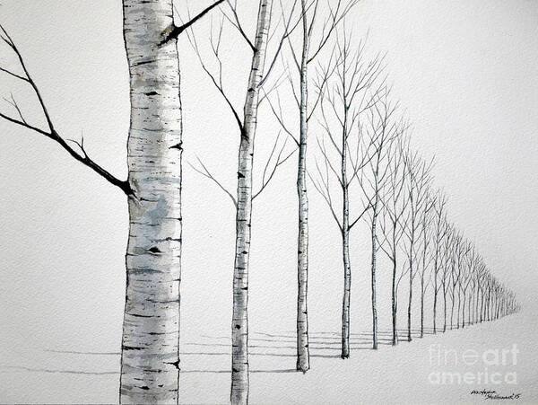 Birch Tree Art Print featuring the painting Row of Birch Trees in the Snow by Christopher Shellhammer