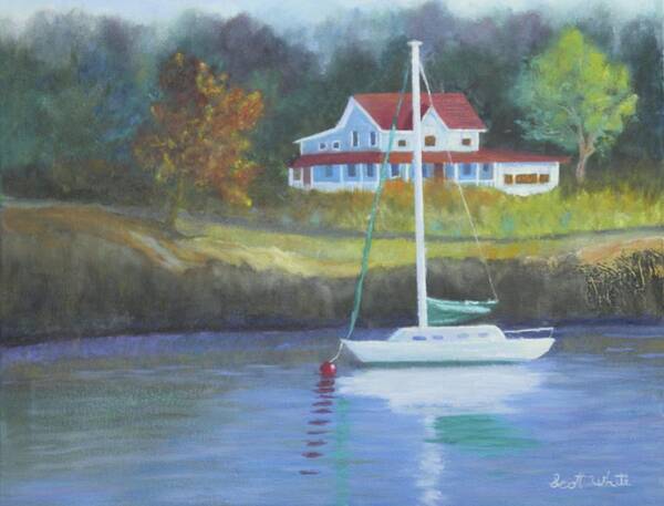 Seascape Landscape Ocean Cottage Rocky Coast Sail Boat Anchor Harbor Long Cove Fog Art Print featuring the painting Safe Harbor by Scott W White