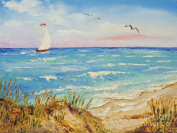 Sailboat Art Print featuring the painting Sailing by the Beach by Jimmie Bartlett